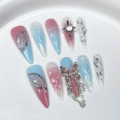 YOUMIKA  -  Aurora Pink Blue Ombre Fake Nail Long Almond Nail Tips Handmade Wearable False Nails with 3D Butterfly Full Cover Press on Nails