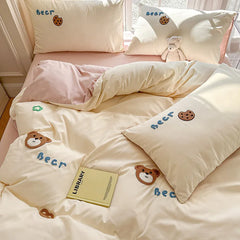 YOUMIKA  -  Cute Bear Bedding Set For Kids Girls Korean Washed Cotton Duvet Cover Embroidery Comforter Fitted Bed Sheets Set Queen King Size