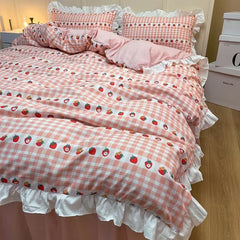 YOUMIKA  -  Europe Princess Bedding Set 4PCS 150x200cm White Pink Ruffle Duvet Cover Bed Sheet Pillowcase Cute Decorative Home Textiles