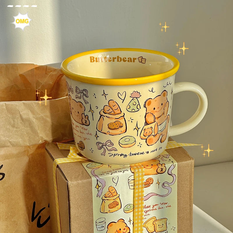 YOUMIKA  -  Spring Butter Bear Bread Cute Hand Drawn Wind Cream Breakfast Coffee Ceramic Mug Gift Water Cup