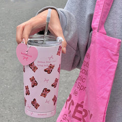 YOUMIKA  -  Cute Pink Bow Teddy Bear Insulated Cup 304 Stainless Steel Portable Straw Cup Water Bottles