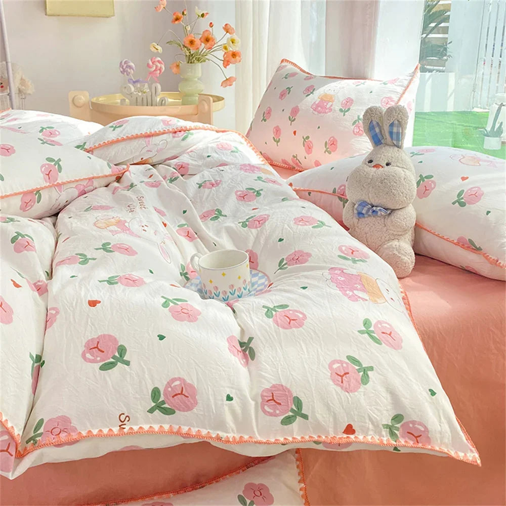 YOUMIKA  -  Ins Pink Flowers Rabbit Comforter Bedding Set Soft Washed Cotton Bed Sheet Girls Kids Quilt Cover Pillowcase Bed Linens