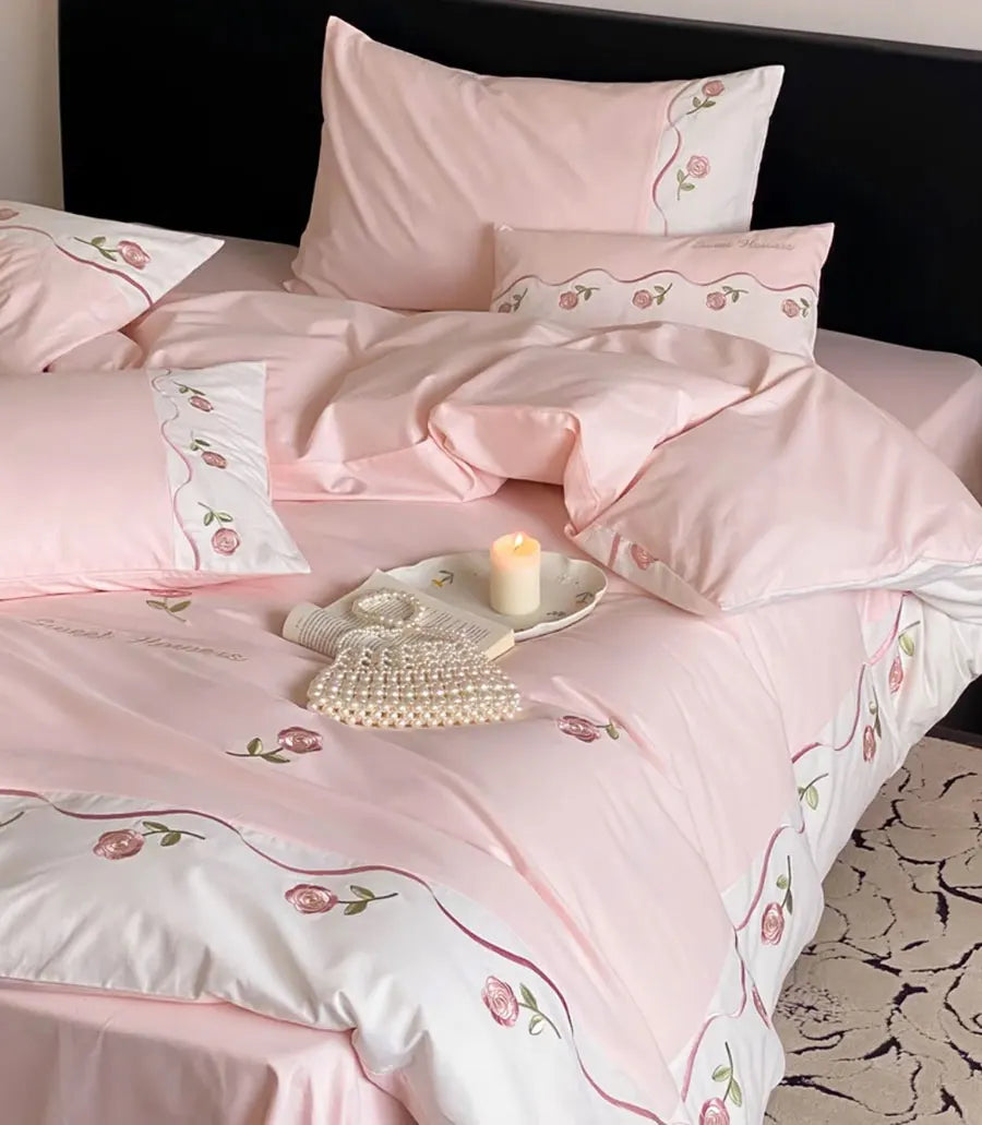 YOUMIKA  -  Romantic pink embroidery rose bed set single double,twin full queen king cotton home textile bed sheet pillow case quilt cover