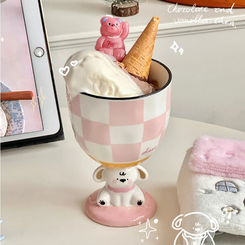 YOUMIKA  -  Cute Dog High Footed Cup Underglaze Color Hand-painted Gift Ice Cream Ceramic Cup Souvenir for Couples and Girlfriends