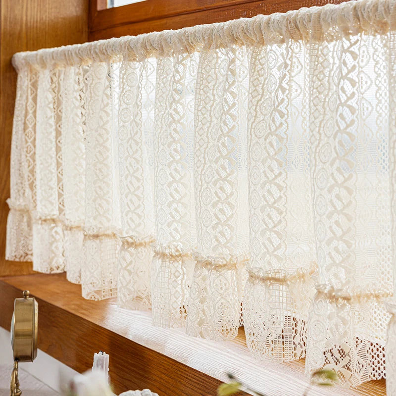 YOUMIKA  -  Boho Sheer Curtain Valance Crochet Lace with Hollow Knitted Handmade Tassels Short Farmhouse Window Treatments for Kitchen Cafes