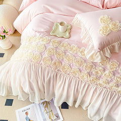 YOUMIKA  -  3Pcs Pink Skin-friendly Soft Three-dimensional Flowers Embroidery Lace Ruffles Princess Bedding Set Duvet Cover With Pillowcases