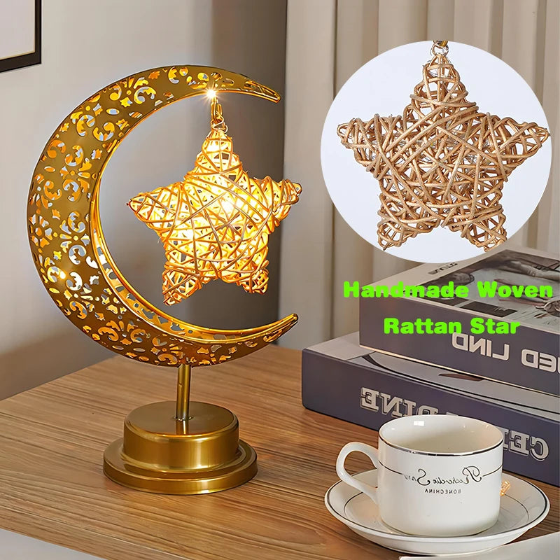 YOUMIKA  -  Metal LED Moon Lamp Star Moon Bedroom Night Light Bedside Round Ball Table Lamp Ramadan Decor Halloween Christmas Mood Light