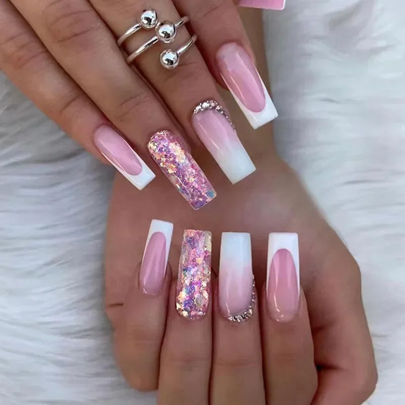 YOUMIKA  -  24Pcs Pink French Fake Nails Press on Long Ballet Coffin False Nails with Dollar Love Rhinestone Wearable Full Cover Nail Tips