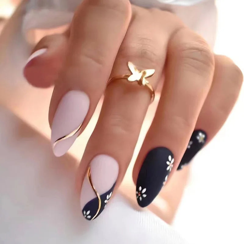 YOUMIKA  -  24Pcs False Nails Black White Wave Lines Design Almond Fake Nails with Glue Oval French Press on Nails Long Full Cover Nail Tips