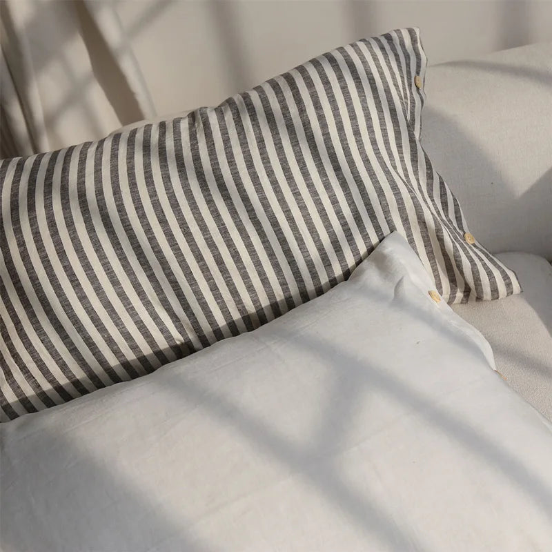 YOUMIKA  -  Striped Button Pillowcase 100% Linen Accent Standard Size Softness Bed Pillow Case Cover for Hot Sleepers Farmhouse Home Bedding