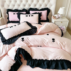 YOUMIKA  -  Black Lace Ruffles Korean Princess Style Bow Decoration Bedding Set Soft Skin-friendly Stripe Duvet Cover Bed Sheet Pillowcases