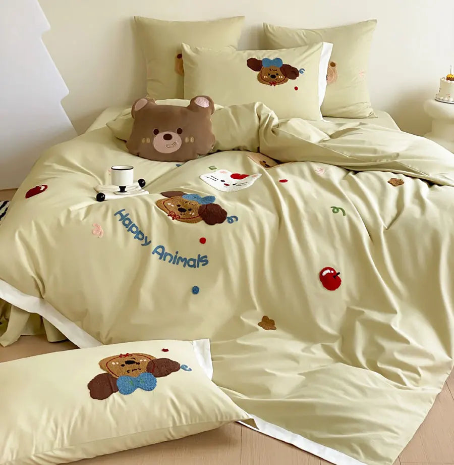 YOUMIKA  -  Fashion cute embroidery dog cat bear bed set 1.2 1.5 1.8,twin full queen cotton home textile bed sheet pillow case duvet cover