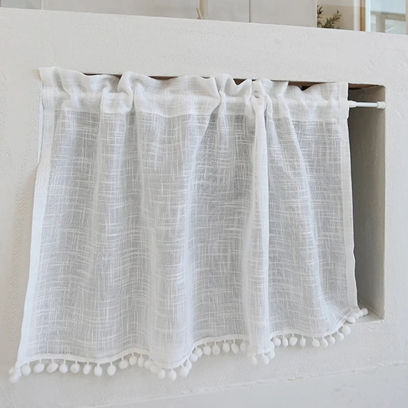 YOUMIKA  -  Short Curtain Valance Kitchen Window Curtains with Pom Pom White Cotton Linen Light Filtering 1 Panel for Over Sink Laundry Room