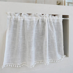 YOUMIKA  -  Short Curtain Valance Kitchen Window Curtains with Pom Pom White Cotton Linen Light Filtering 1 Panel for Over Sink Laundry Room