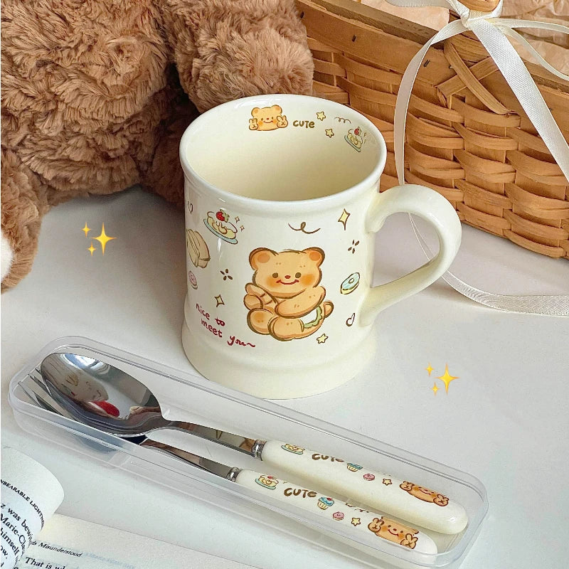 YOUMIKA  -  Cream Style Cute Butter Bread Bear Handle Mug Gift Breakfast Gift Coffee Cup Ceramic Mug