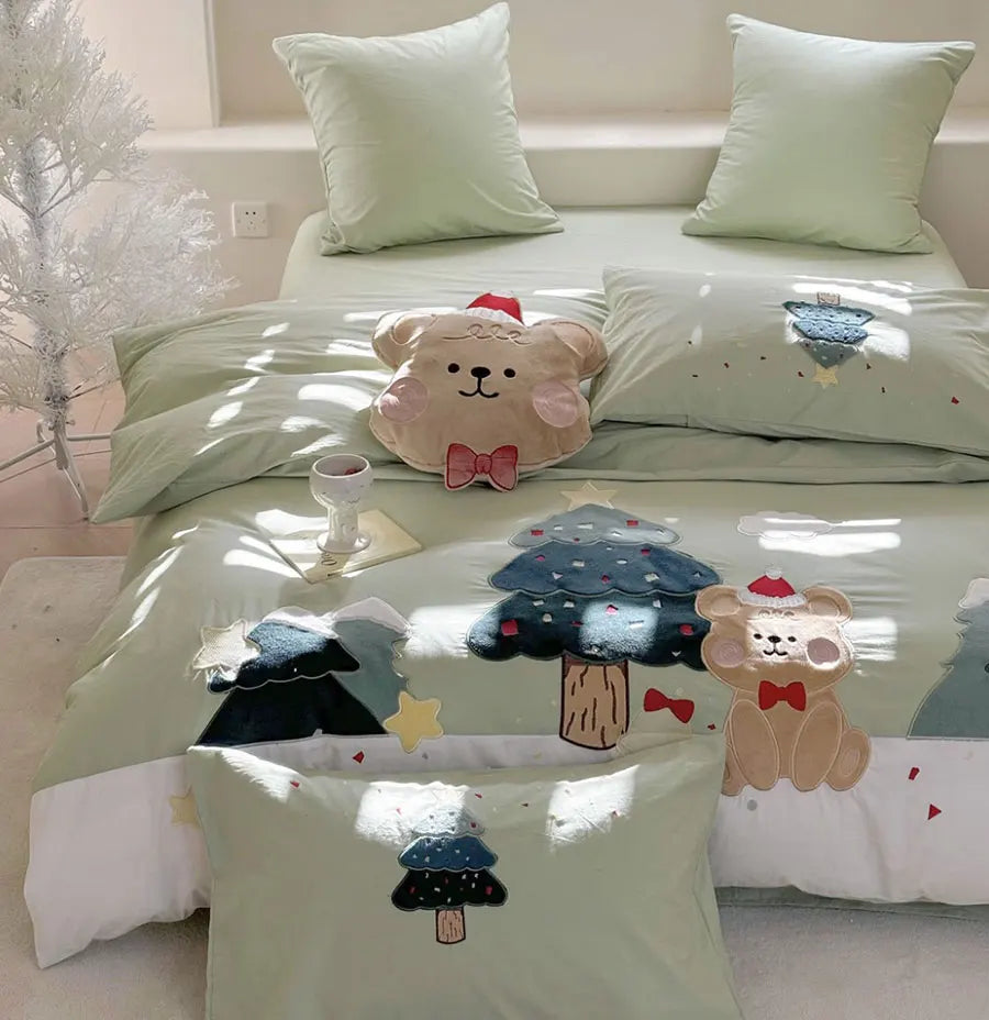 YOUMIKA  -  Cute cartoon embroidery bear dog green bedding set,twin full queen king cotton home textile bed sheet pillow case quilt cover