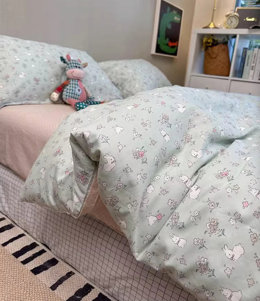 YOUMIKA  -  Romantic flower rabbit green bedding set kid,twin full queen fresh fashion cotton home textile bed sheet pillow case quilt cover