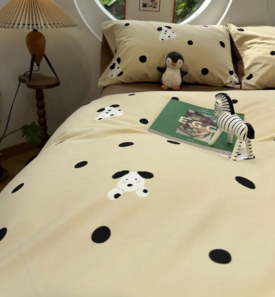 YOUMIKA  -  Cute Cartoon Dog Polka Dot Bedding Set Single Double,twin Full Queen King Cotton Home Textile Bed Sheet Pillow Case Quilt Cover