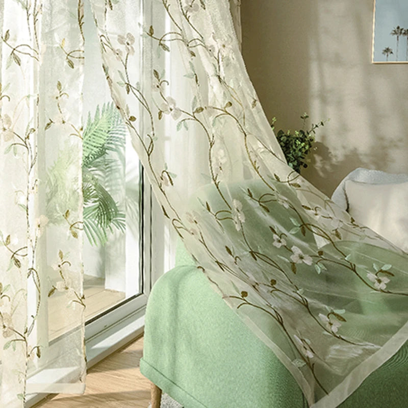 YOUMIKA  - Leaf Embroidered Sheer Curtain for Living Room Window, Crushed Door Screen, Gauze Voile Tulle, Rod Process, 1 Panel, TJ6971