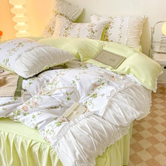 YOUMIKA  -  Princess Floral Home Bedding Set Without Filler Ruffle Edge Quilt Cover Soft Flat Sheet Pillowcase Girls Green Bed Linens