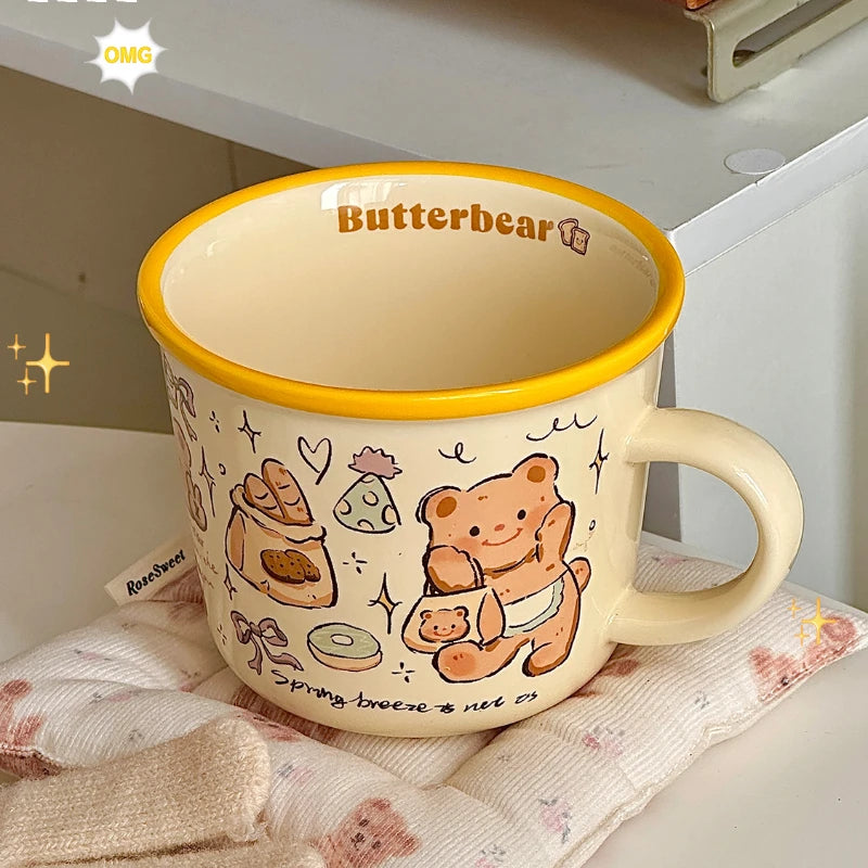 YOUMIKA  -  Spring Butter Bear Bread Cute Hand Drawn Wind Cream Breakfast Coffee Ceramic Mug Gift Water Cup