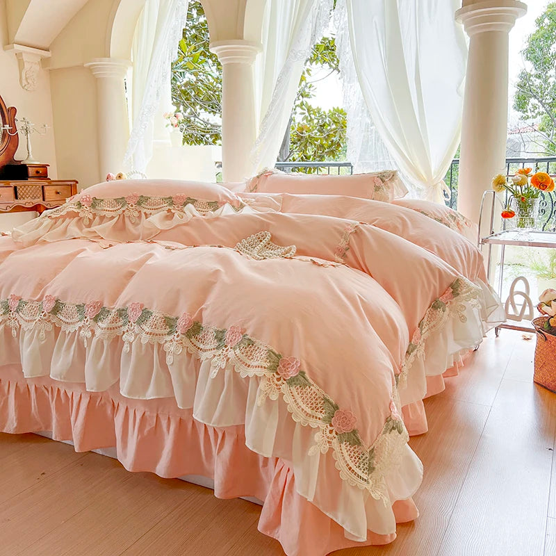 YOUMIKA  -  Ins Pink Confirtable Soft Cotton French Wedding Bedding Set Flowers Lace Embroidery Ruffles Duvet Cover Bed Sheet Pillowcase