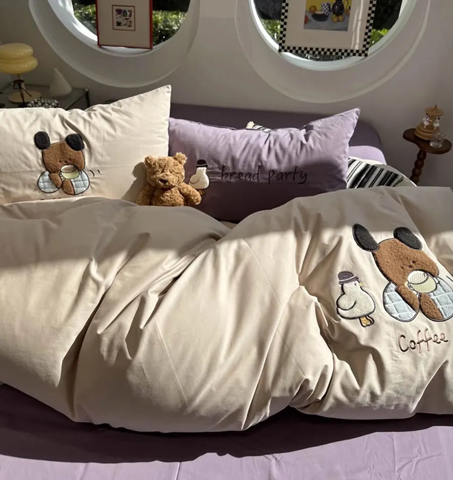 YOUMIKA  -  Fashion lovely towel embroidery light brown bedding set,full queen king cotton home textile bed sheet pillow case quilt cover