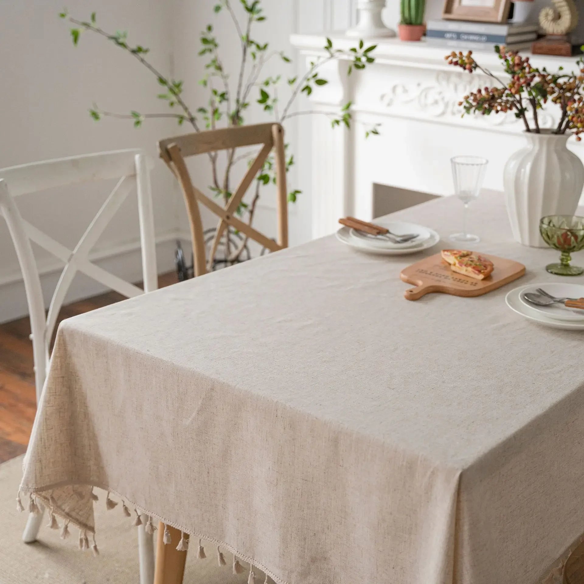 YOUMIKA  -  Cotton Linen Tablecloth,Rectangle Tassel,Jute Rope Lace Dust-Proof Table Cover,for Kitchen Dinning Party Tea Table Decor