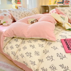 YOUMIKA  -  Ins Pink Floral Bedding Set For Girls Couple Double Size Flat Sheet Duvet Cover and Pillowcase Soft Bed Linen Home Textile