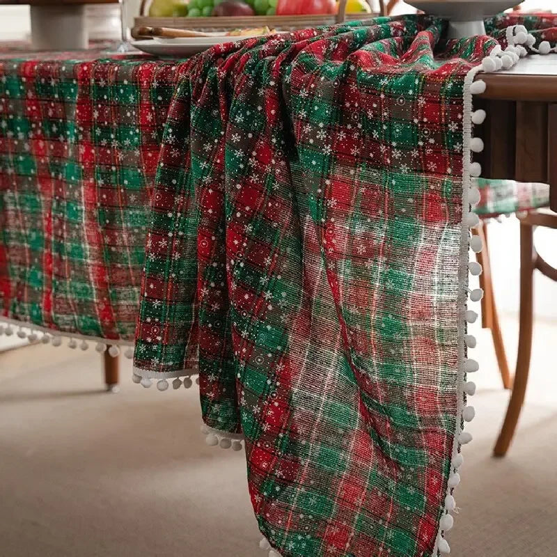 YOUMIKA  -  Christmas Tablecloth Green Plaid Snowflake Cotton Linen Rectangular Table Cover New Year Gifts Dining living room Table Decor