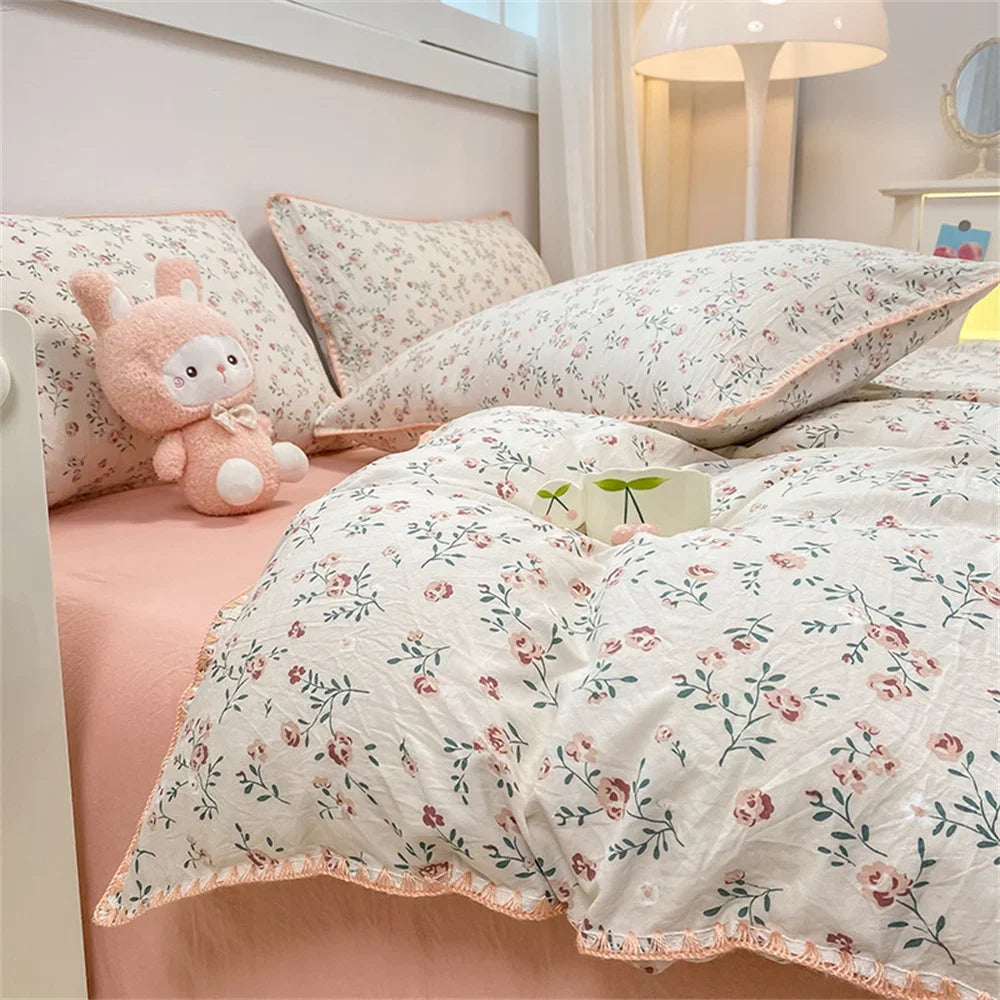 YOUMIKA  -  Romantic Floral Bedding Set Washed Cotton Bed Sheet Single Double Size Girls Woman Duvet/Comforter Cover Pillowcase Bed Linens