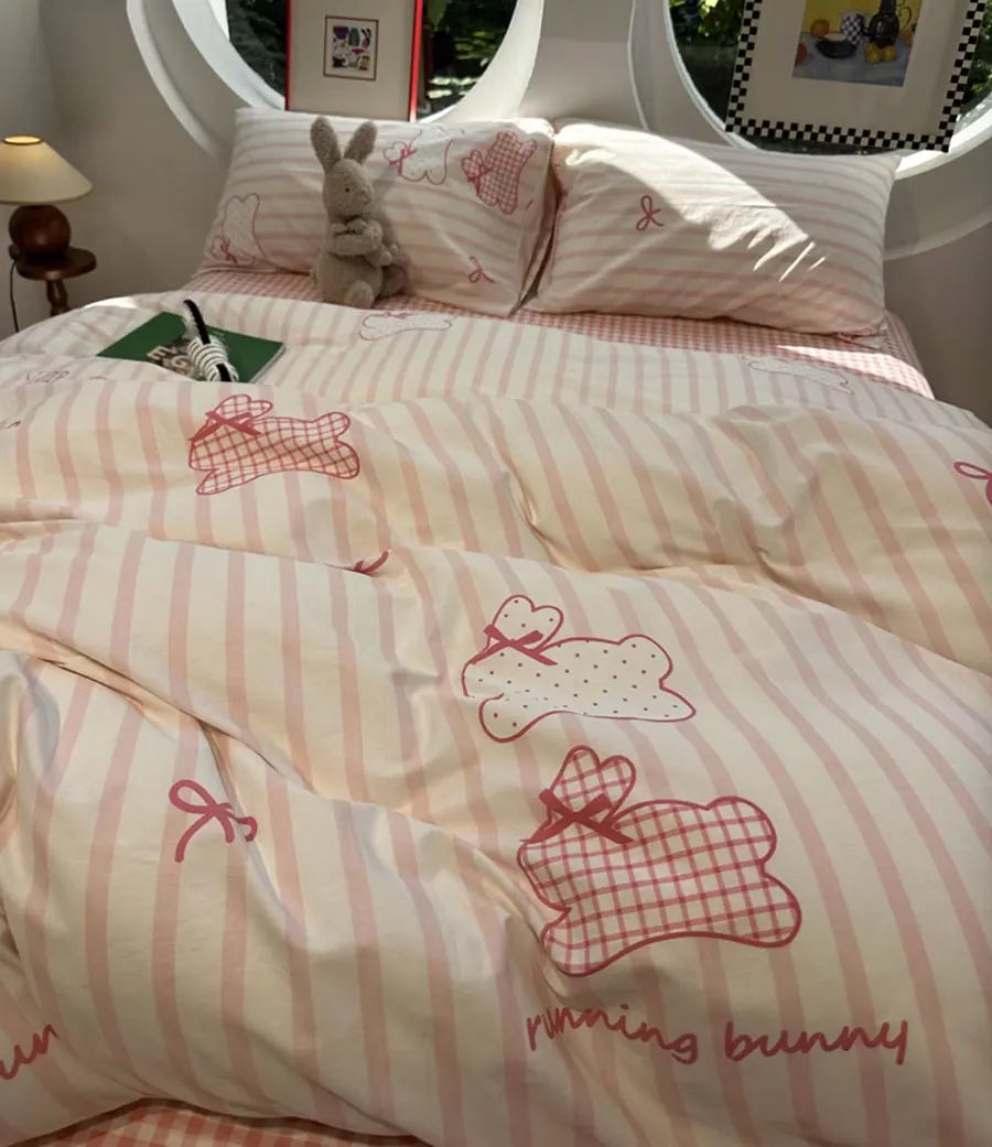 YOUMIKA  -  Cute Cartoon Rabbit Stripe Plaid Bedding Set,twin Full Queen Lovely Bunny Cotton Home Textile Bed Sheet Pillow Case Quilt Cover