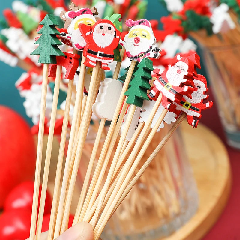 YOUMIKA  -  100Pcs Christmas Bamboo Disposable Toothpicks Santa Fruit Skewer Cocktail Picks Food Salad Fork Cake Toppers For Xmas New Year