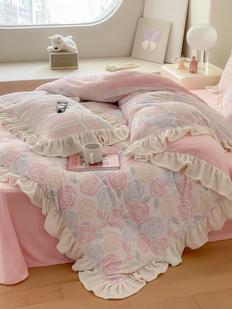 YOUMIKA  -  New Winter Rose Velvet Bedding Set Romantic Lace Ruffles Comforter Sets Fluffy Milk Velvet Duvet Cover Set Eldense Bed Sheet