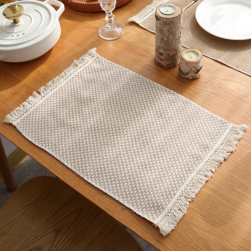 YOUMIKA  - Farmhouse Placemat Set for Dining Table, Cotton Linen Mats with Tassels, Woven Home Decor, Kitchen and Dining Room, 221690HTR