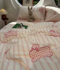 YOUMIKA  -  Cute Cartoon Rabbit Stripe Plaid Bedding Set,twin Full Queen Lovely Bunny Cotton Home Textile Bed Sheet Pillow Case Quilt Cover