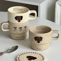 YOUMIKA  -  Cream Brown Bow Puppy Ceramic Mug with Hand-painted Coffee Stacking Cup As A Gift