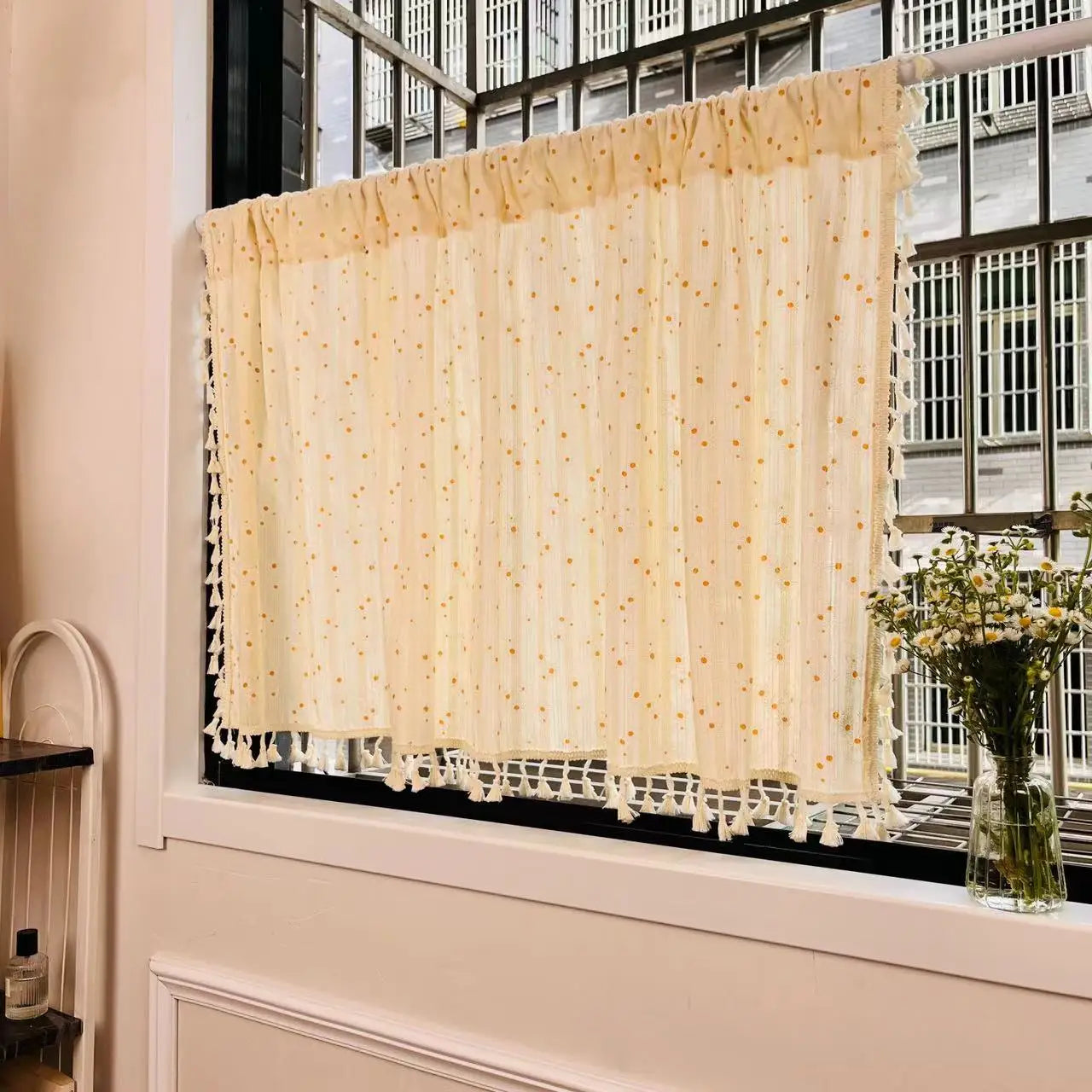 YOUMIKA  -  Fashion Daisy Short Curtains Rod Pocket Shade Floral Tassel For Kitchen Bedroom Living Room Window Cabinet Curtain Customizable