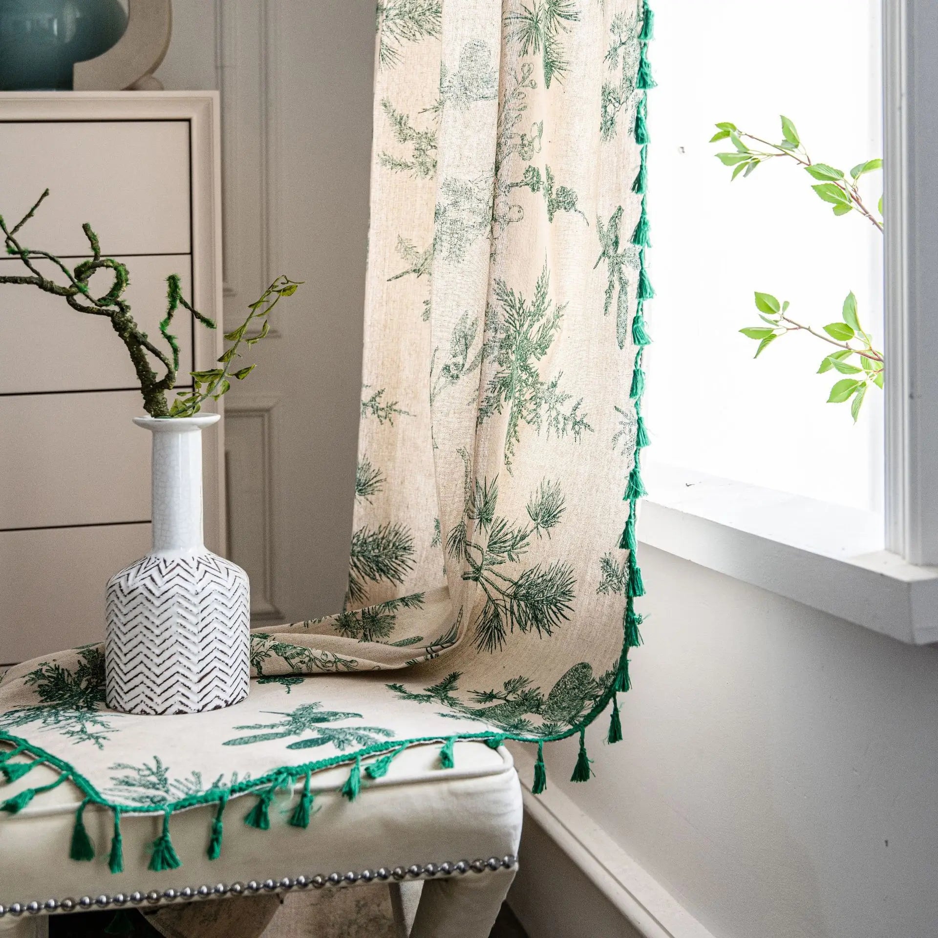 YOUMIKA  -  Cotton Linen Green Pine Nut Printed Curtains with Semi Shading Tassel, Bedrooms, Living Rooms, Coffee Shops