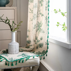 YOUMIKA  -  Cotton Linen Green Pine Nut Printed Curtains with Semi Shading Tassel, Bedrooms, Living Rooms, Coffee Shops