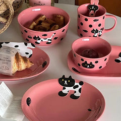 YOUMIKA  -  Korean Polka Dot Black Cat Ceramic Gift Tableware Underglaze Color Household Dining Plate Bowl Coffee Water Cup