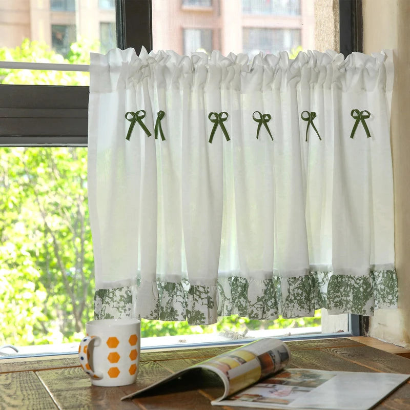 YOUMIKA  -  White Valance Curtain Lace Green Printed Patchwork Short Window Treatment with Knots for Country Kitchen & Cafe Decor Rod Pocket