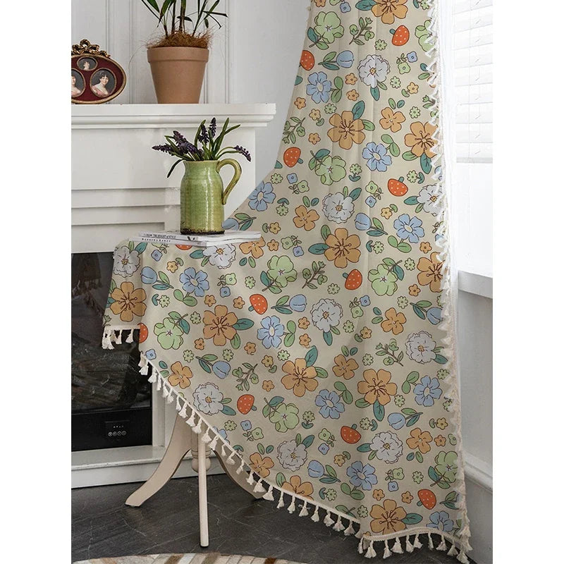 YOUMIKA  -  Cotton Cartoon Flower Curtains, Rural and Pastoral Style Curtain with Broom Tassels, Bedroom and Living Room