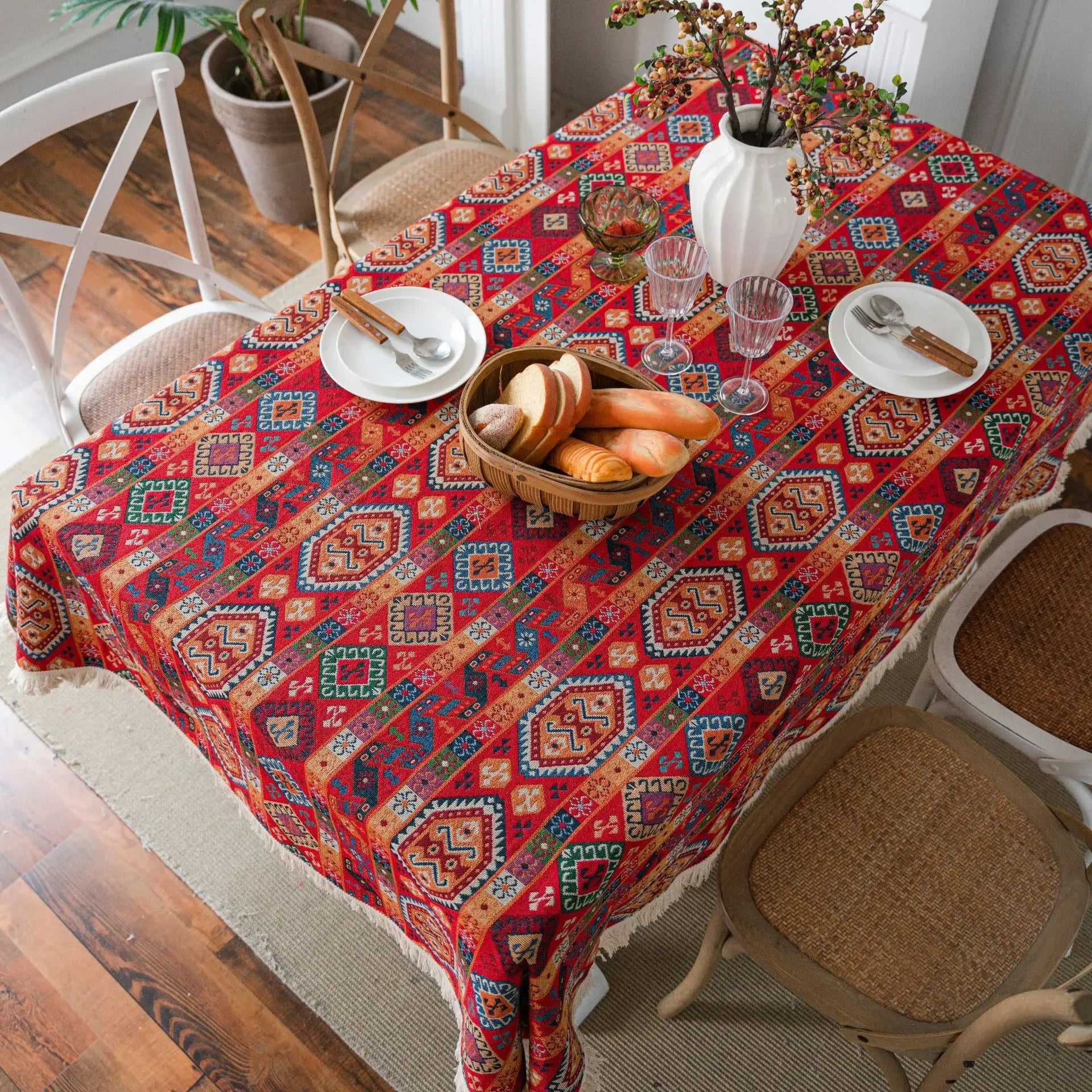 YOUMIKA  -  Red Retro Table Cloth Jacquard Oil Painting Rectangular Dustproof Tea Table Cover for Kitchen Dinning Coffee Table Decoration