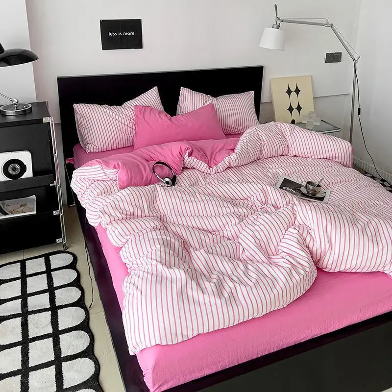 YOUMIKA  -  INS Nordic Style Solid Color Bedding Set Twin Full Queen Size Bed Linen Adults Kids Microfiber Pink Bed Flat Sheet Pillowcase