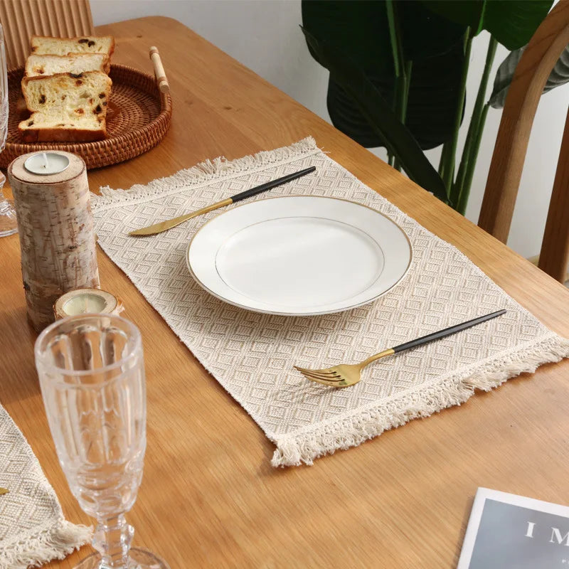 YOUMIKA  - Farmhouse Placemat Set for Dining Table, Cotton Linen Mats with Tassels, Woven Home Decor, Kitchen and Dining Room, 221690HTR