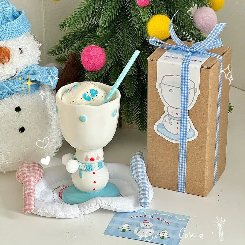 YOUMIKA  -  Cute Scarf Snowman High Footed Cup Underglaze Color Hand-painted Gift Ice Cream Ceramic Mug Souvenir