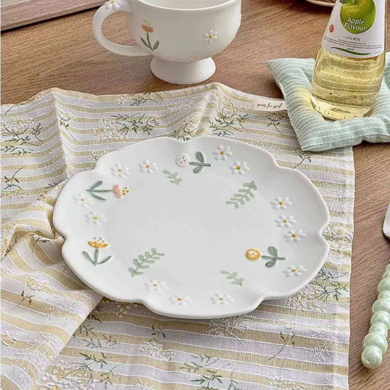 YOUMIKA  -  Japanese Style Daisy Tableware Set Ceramic Underglaze Color Matte Small Fresh Flower Plate ceramic plate