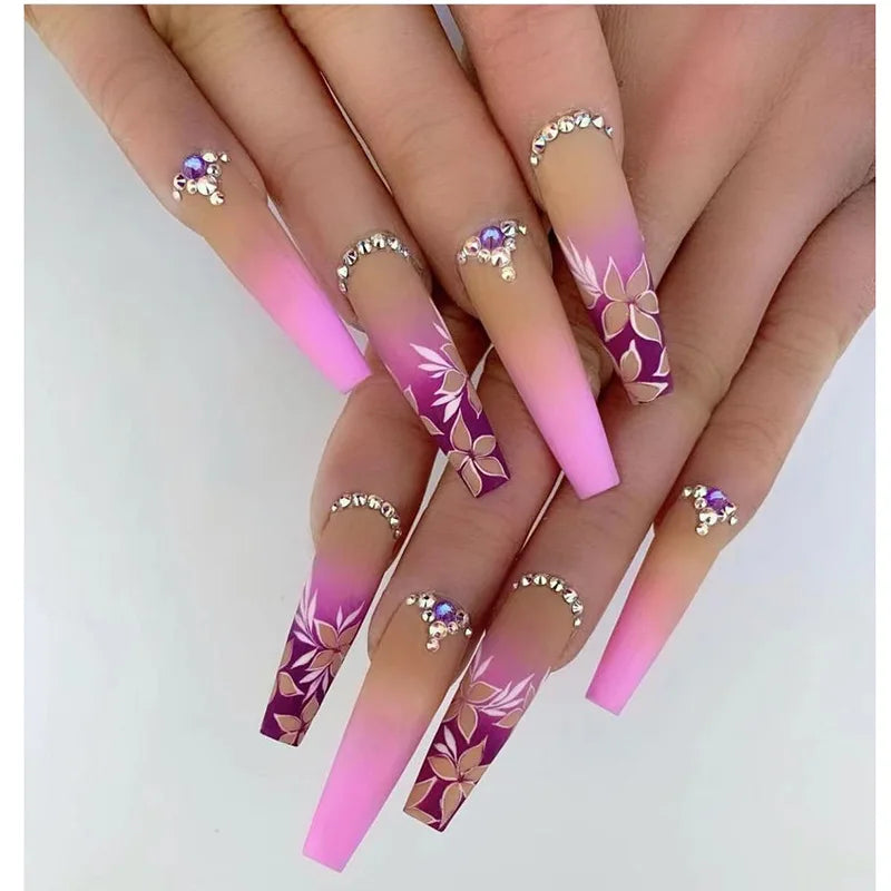 YOUMIKA  -  24Pcs Long Ballet False Nails Coffin Fake Nails with Colorful Flower Design Wearable Finished Press on Nails Full Cover Nail Tip