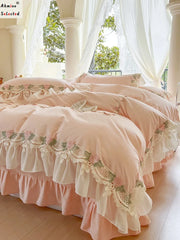 YOUMIKA  -  Ins Pink Confirtable Soft Cotton French Wedding Bedding Set Flowers Lace Embroidery Ruffles Duvet Cover Bed Sheet Pillowcase